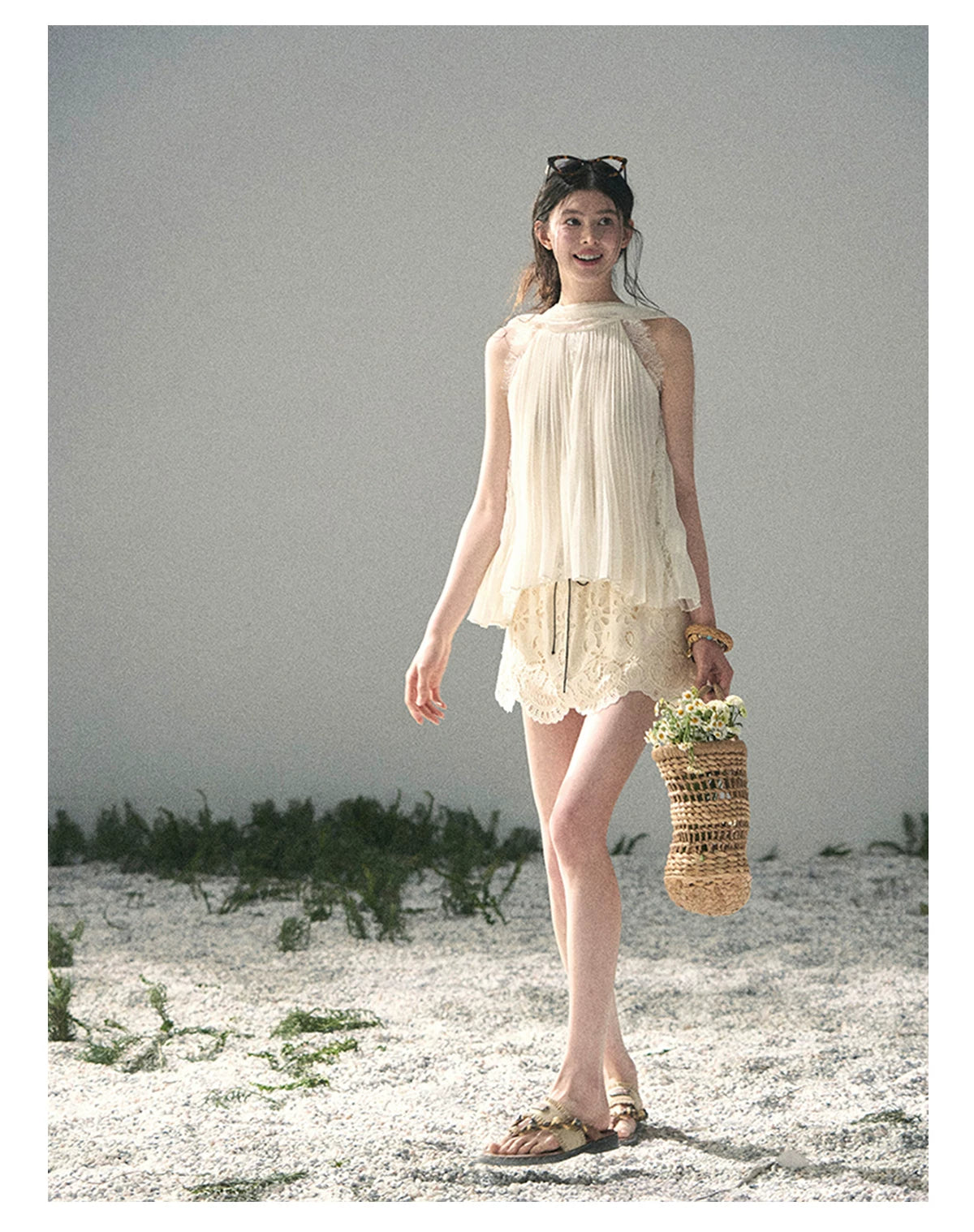 “Summer Light Through Pleats” Ivory Lace Pleated Halter Blouse