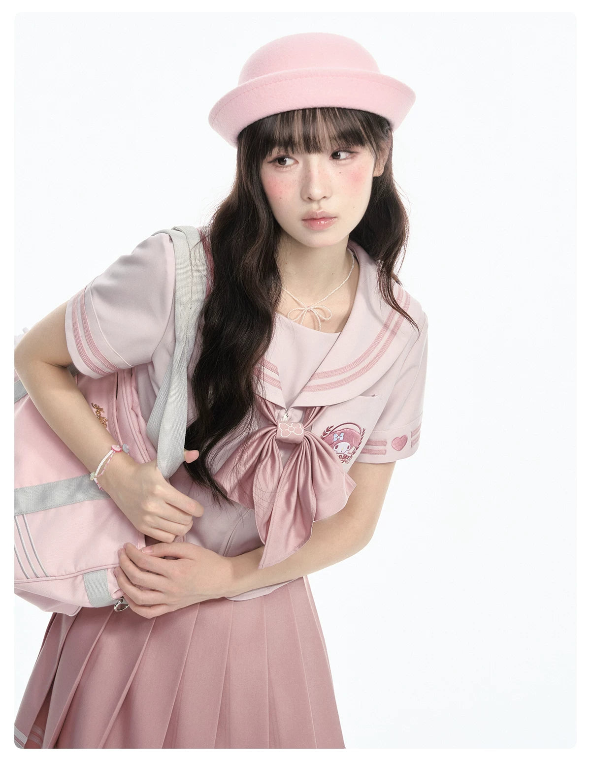 "Cherry Melody" Pink Sailor Uniform Set (Sailor Collar Shirt + Pleated Skirt + Ribbon Bow)