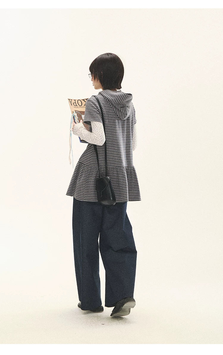 "Seoul Diary" Gray & Pink Stripe Hooded Knit Mini Dress