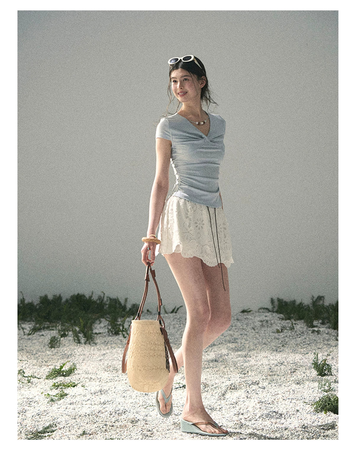 “Sheer Spring Whisper” Moonlight Blue Twist V-Neck Top