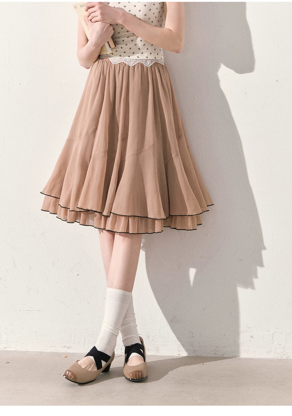 "Summer Café Encounter" Chocolate Knit Cardigan, Floral Lace Cami & Mocha Chiffon Skirt Set