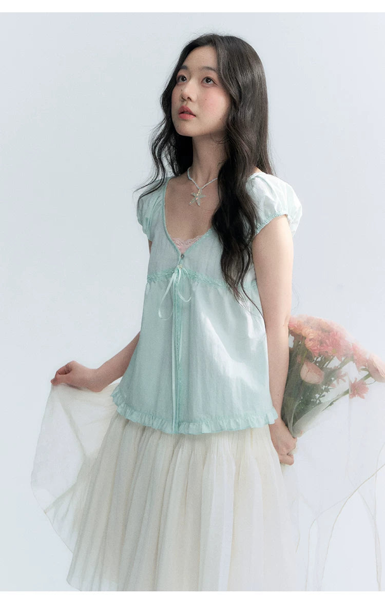"Mint Morning Glow" Mint Green Lace Tie-Front Cardigan Blouse
