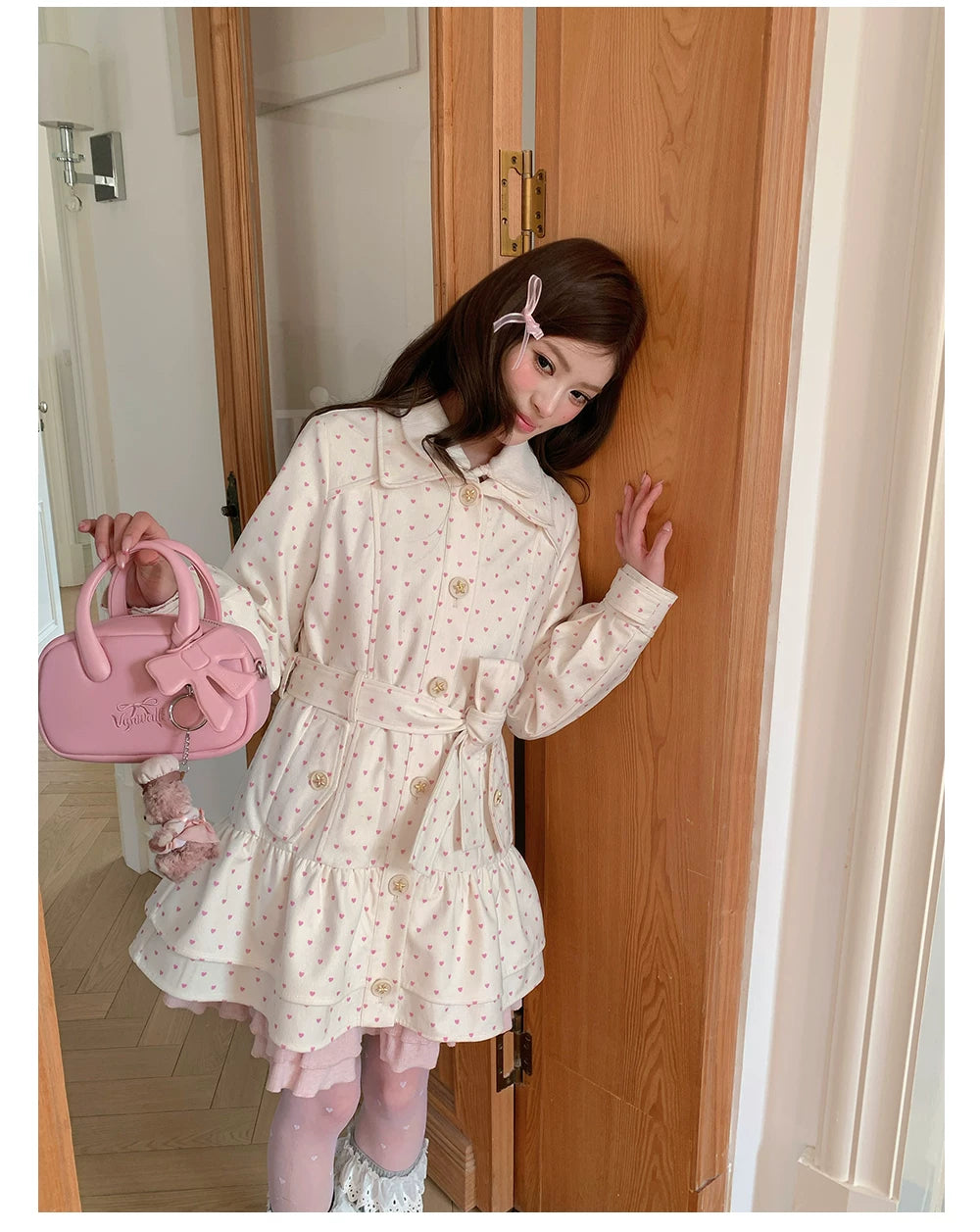 “Sweetheart Whisper” Beige Apricot Heart Print Midi Dress