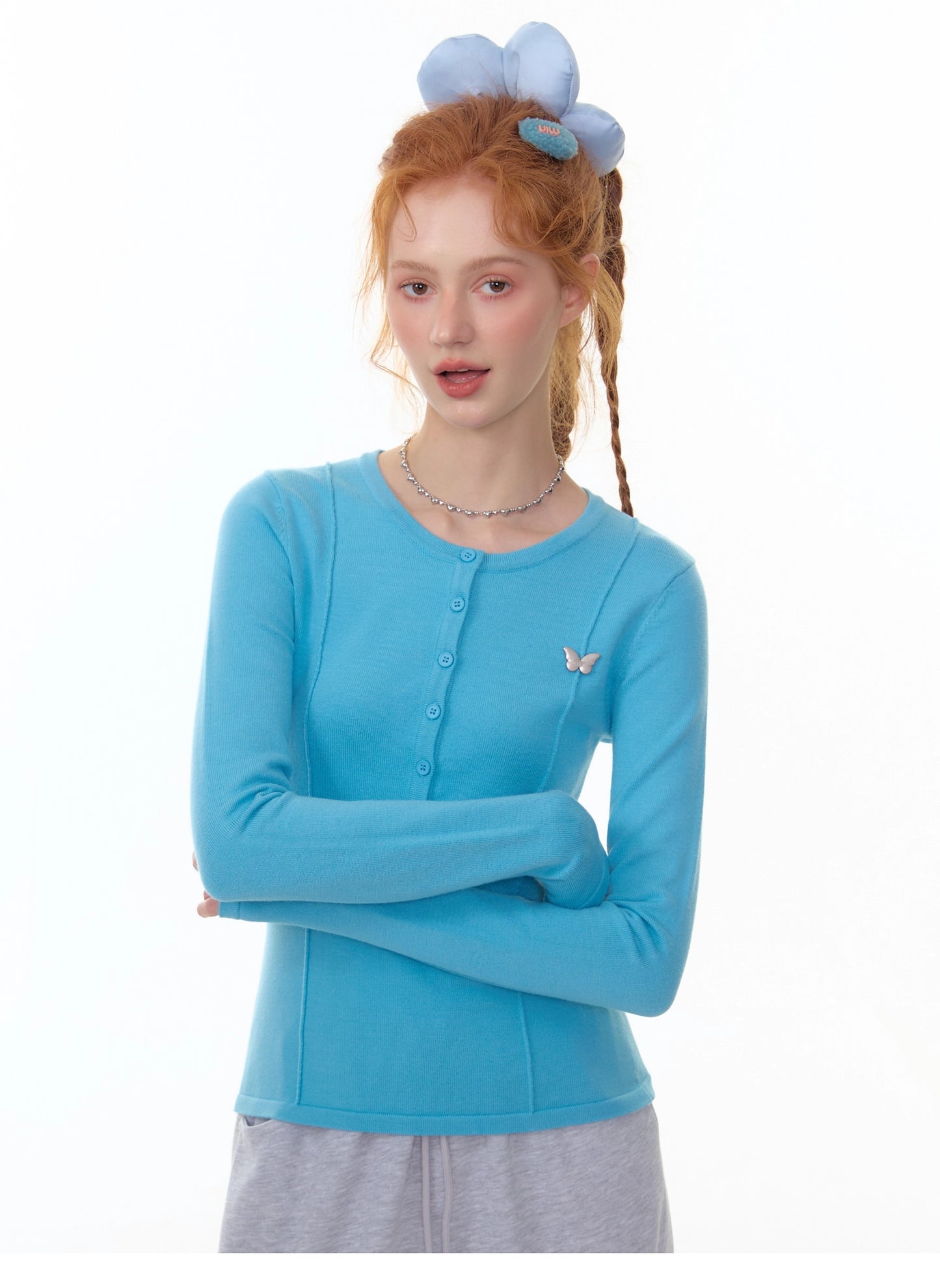 ZiziFei - 3D Ruched Knit Slim-Fit Long Sleeve Top – Butterfly Detail