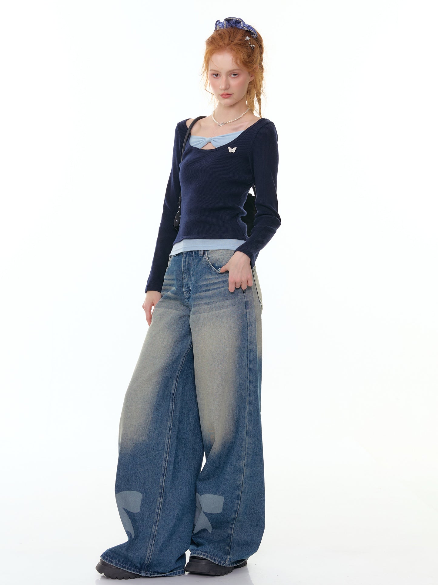 ZiziFei - Double Layered Bow-Knot Contrast Knit Top