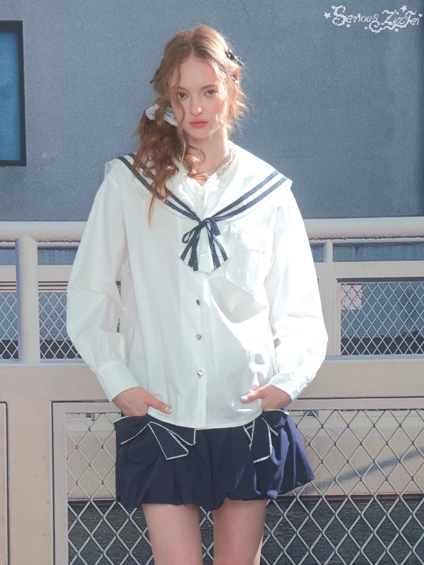 ZiziFei - Navy Collar Lace-Trimmed Long Sleeve Blouse
