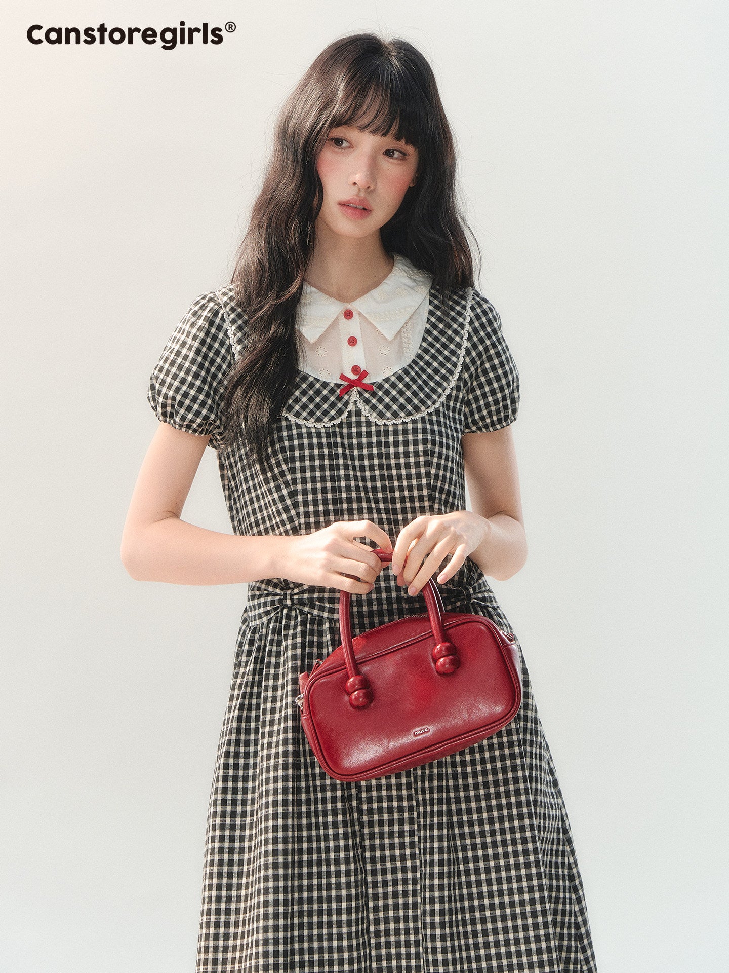 170726C "Black Cherry Check" Black Bow Doll Collar Dress