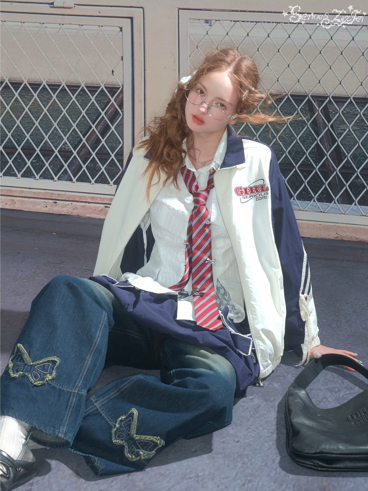 ZiziFei - Retro Zip-Up Jacket with Lace & Drawstring Details