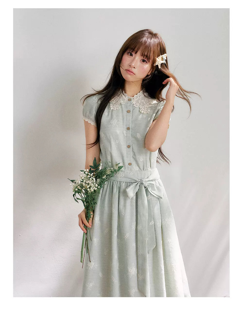 “Sage Meadow Reverie” Sage Green Embroidered Shirt Dress
