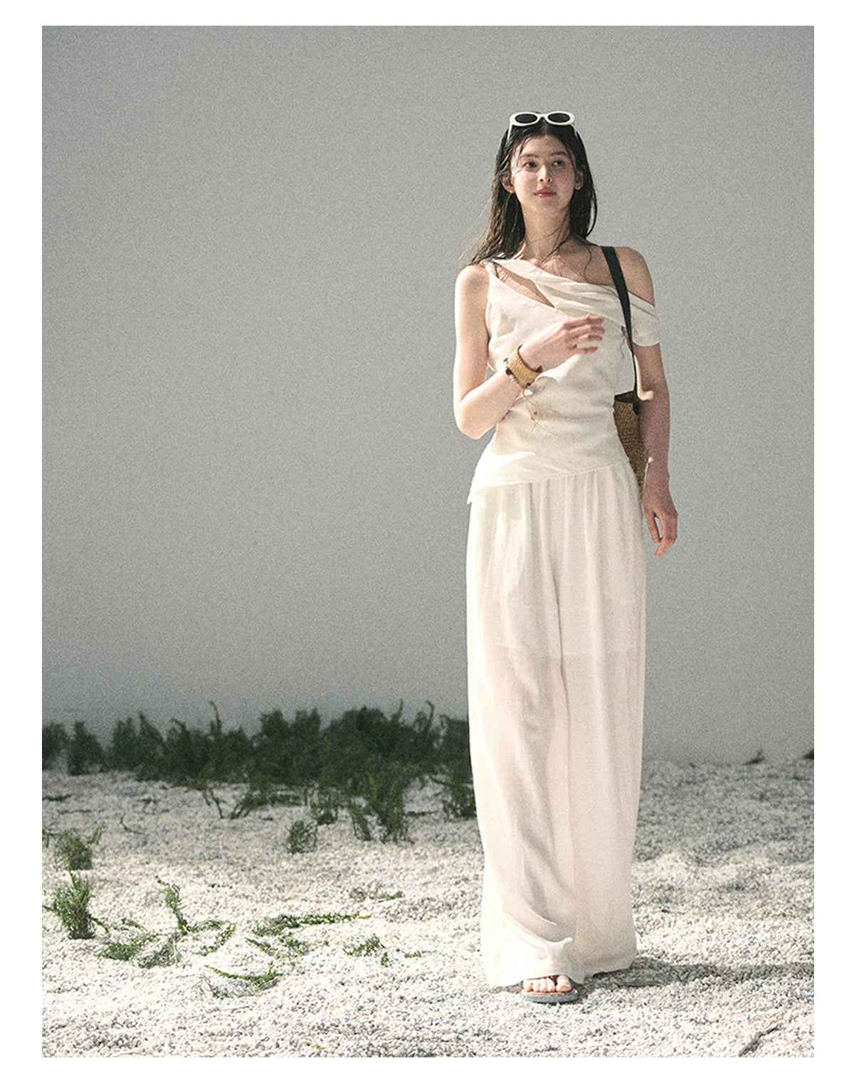 “Cloud Threads Falling at the Shoulder” Ivory Linen-Blend Two-Piece Set