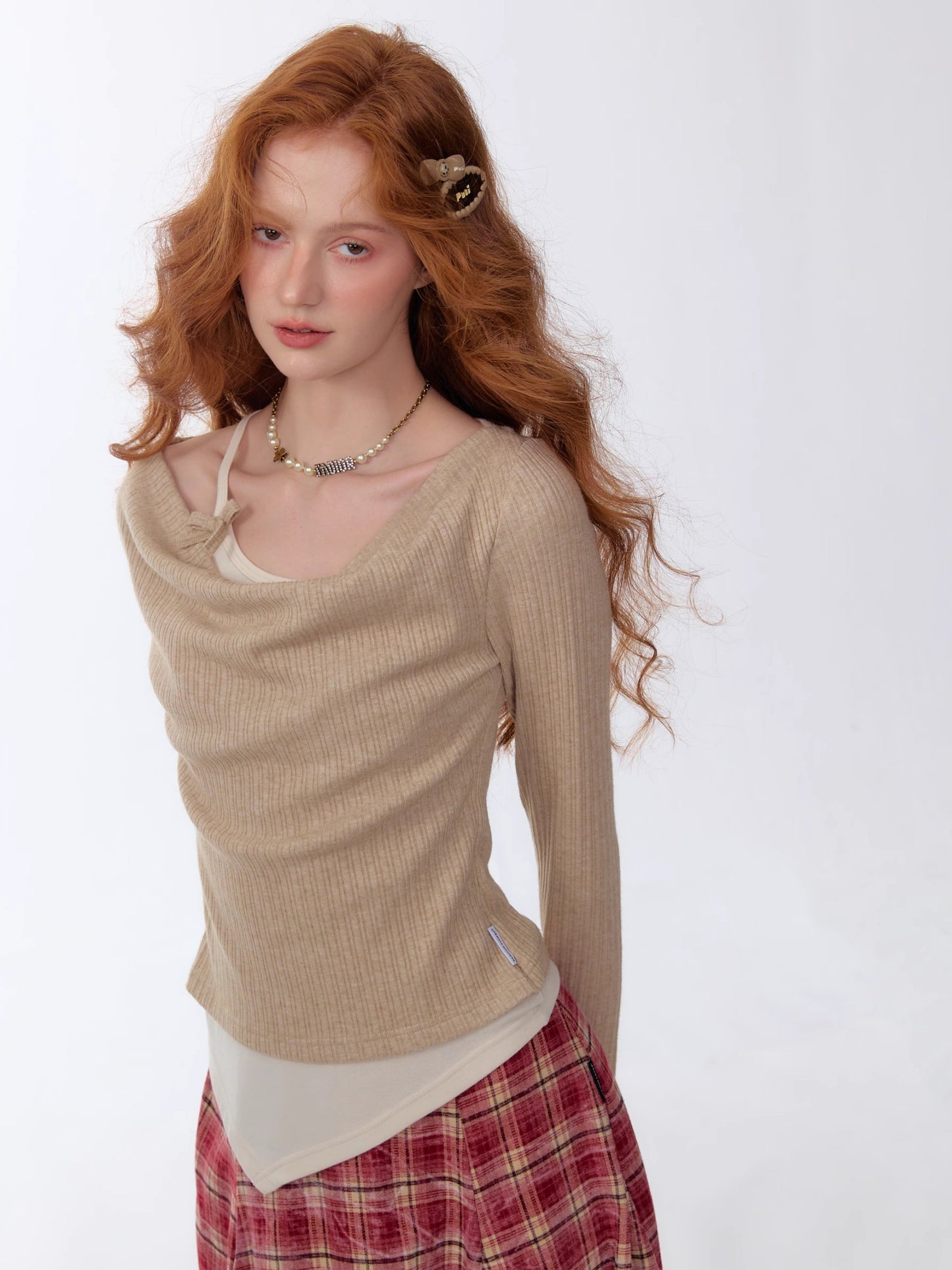 ZiziFei - Draped Mock Layered Long Sleeve Top – Soft Knit Two-Tone Design
