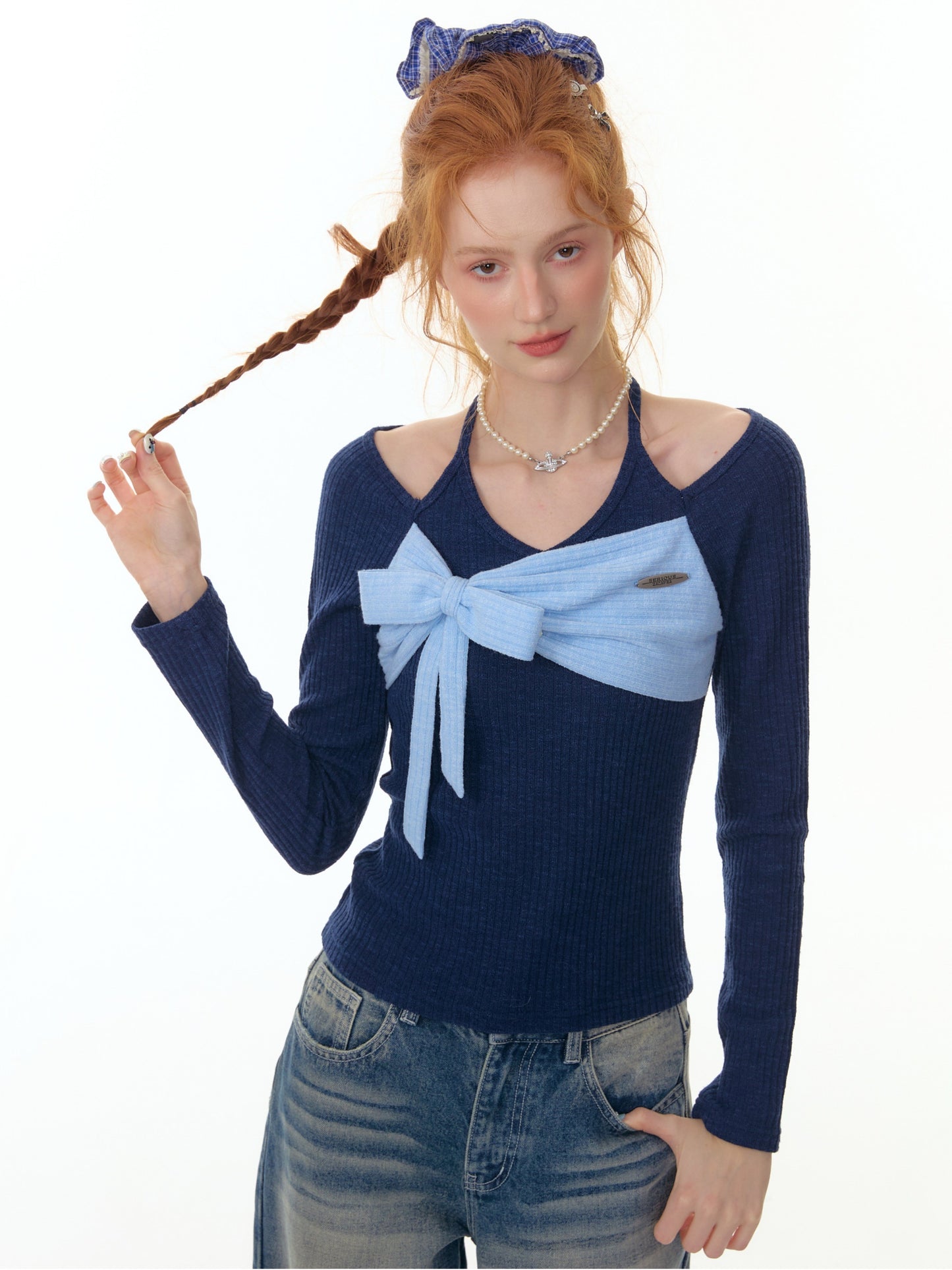 ZiziFei - Halter Ribbed Knit Top with Bow Detail – Green / Blue