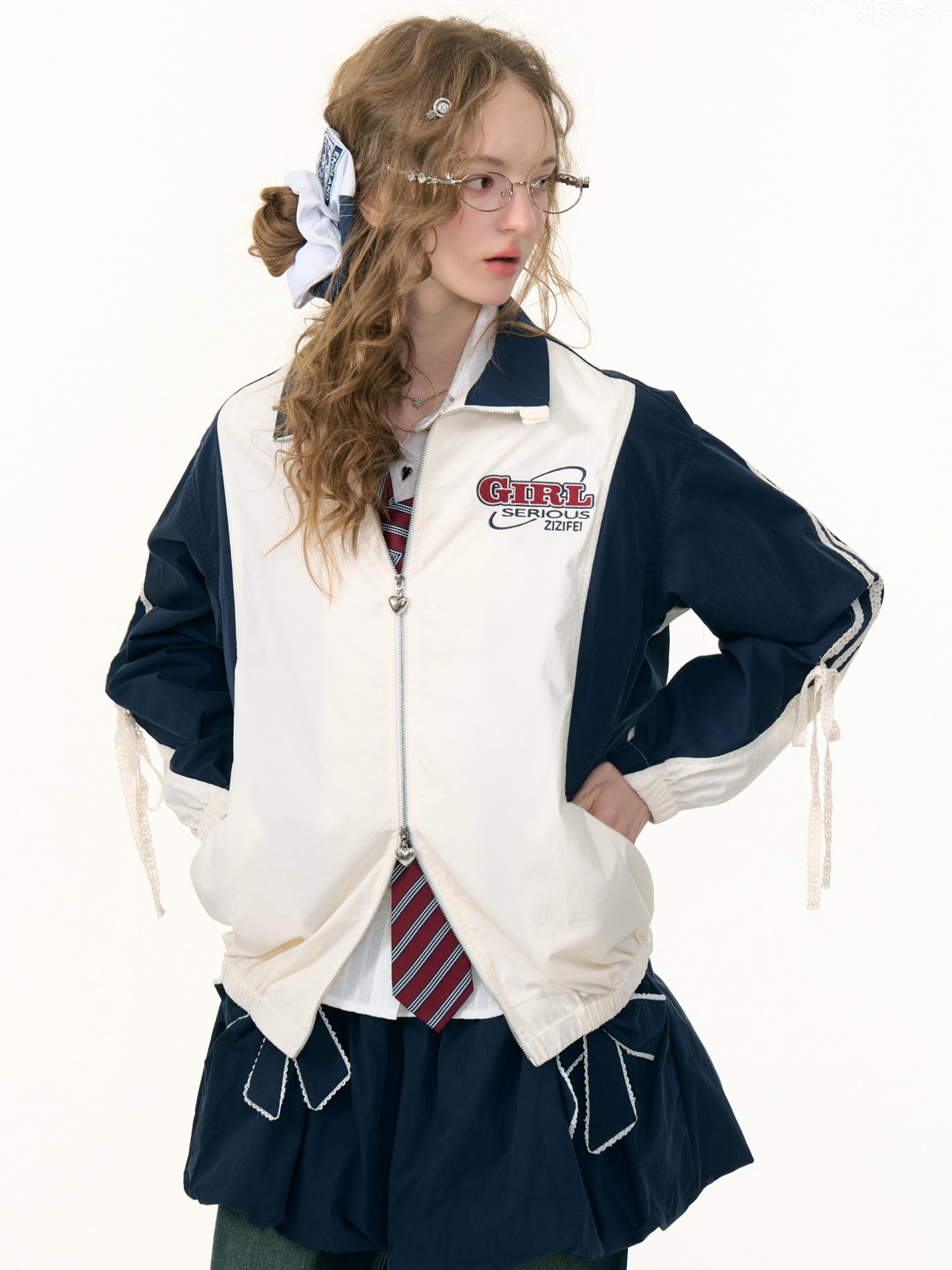 ZiziFei - Retro Zip-Up Jacket with Lace & Drawstring Details