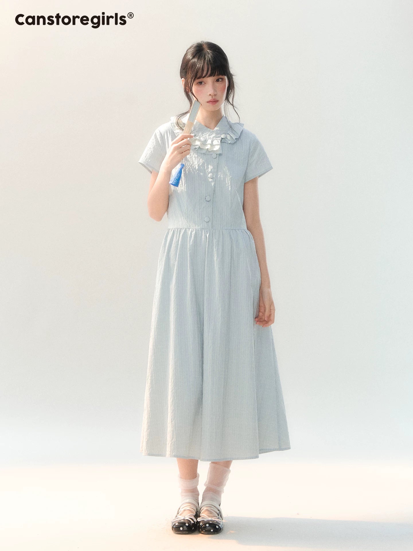 170726C "Dawn Island" Blue Puff Sleeve Doll Collar Dress