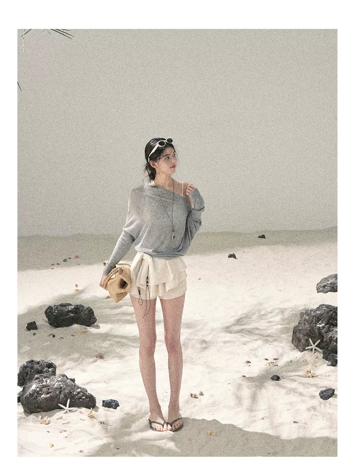 "Misty Veil Whisper" Cloud Trail Gray Off-Shoulder Sheer Sun Protection Top 5345634