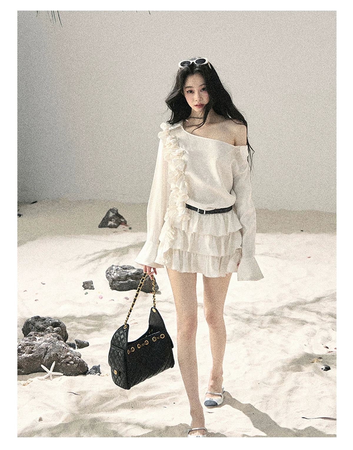 "Petals of Early Summer" Mist White Ruffle One-Shoulder Cake Dress (With Belt) 58648