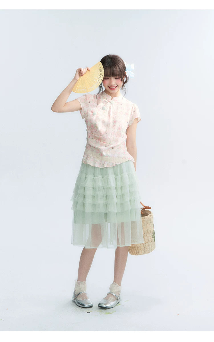 "Lime Mille-Feuille Glow" Peach Mist Chinese-Inspired Short Sleeve Top & Lime Green Tulle Tiered Skirt Set