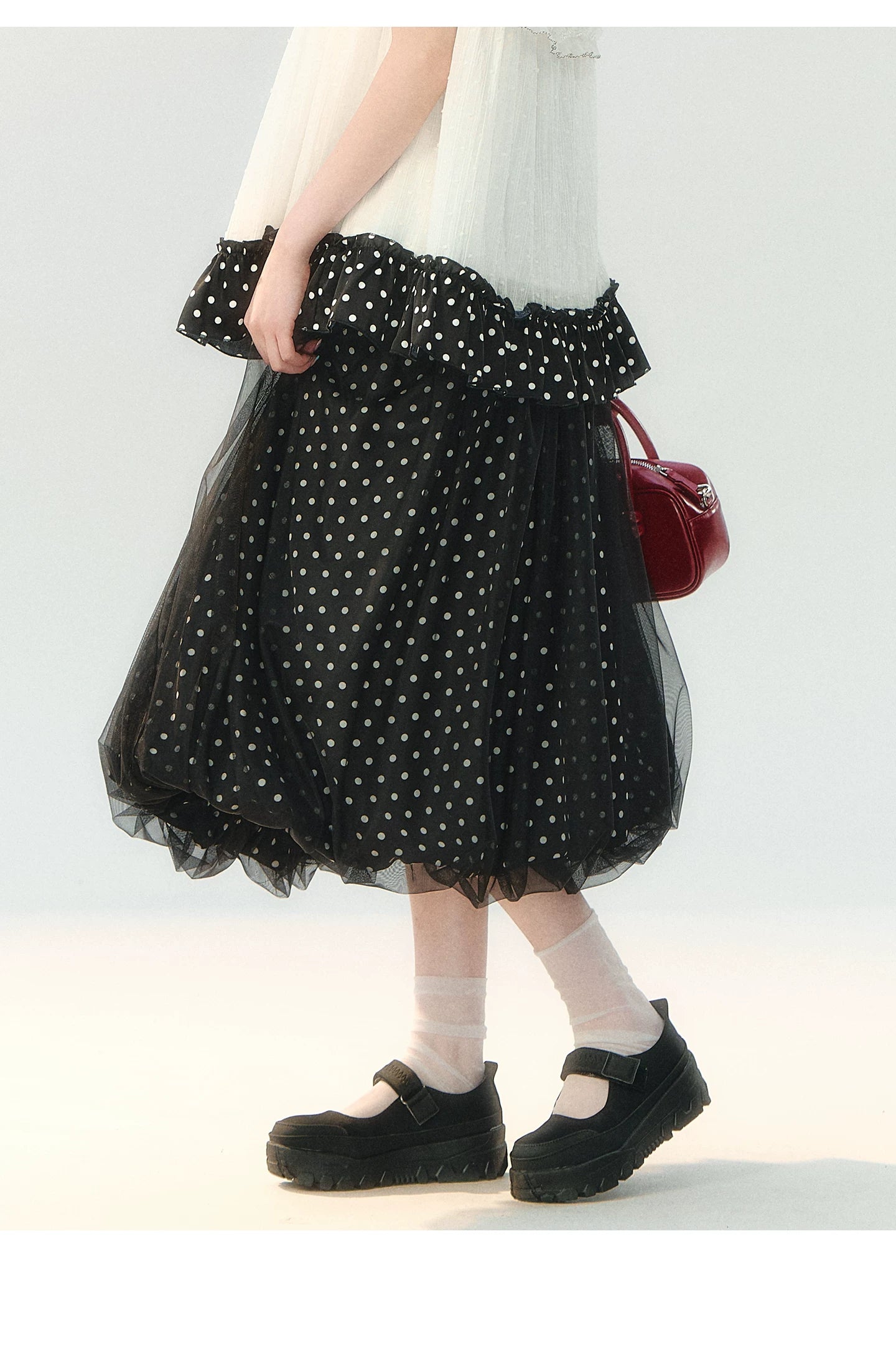 "Midnight Sweet Isle" Black Polka Dot Lace Two-Piece Skirt Set LL2026208