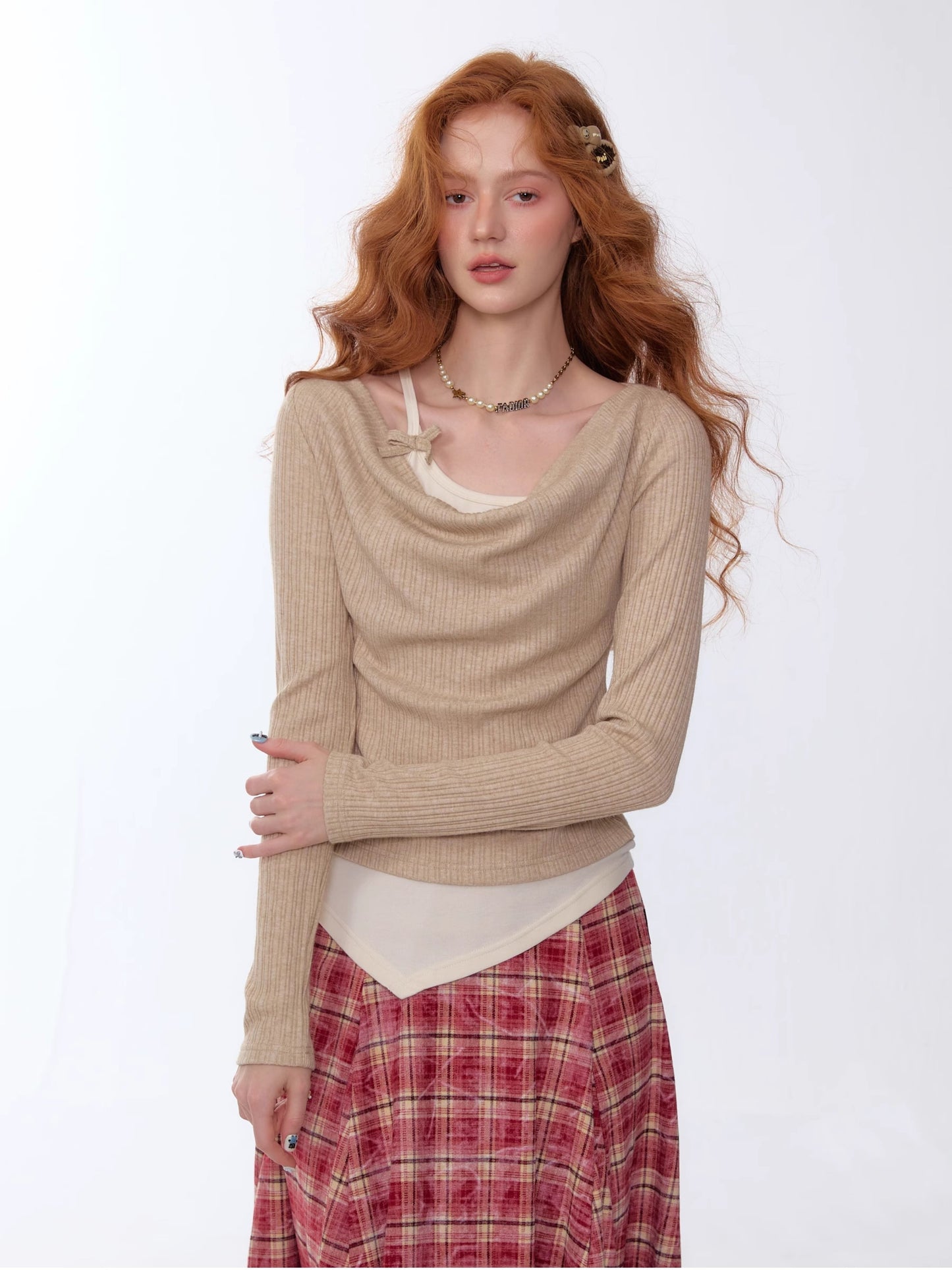 ZiziFei - Draped Mock Layered Long Sleeve Top – Soft Knit Two-Tone Design