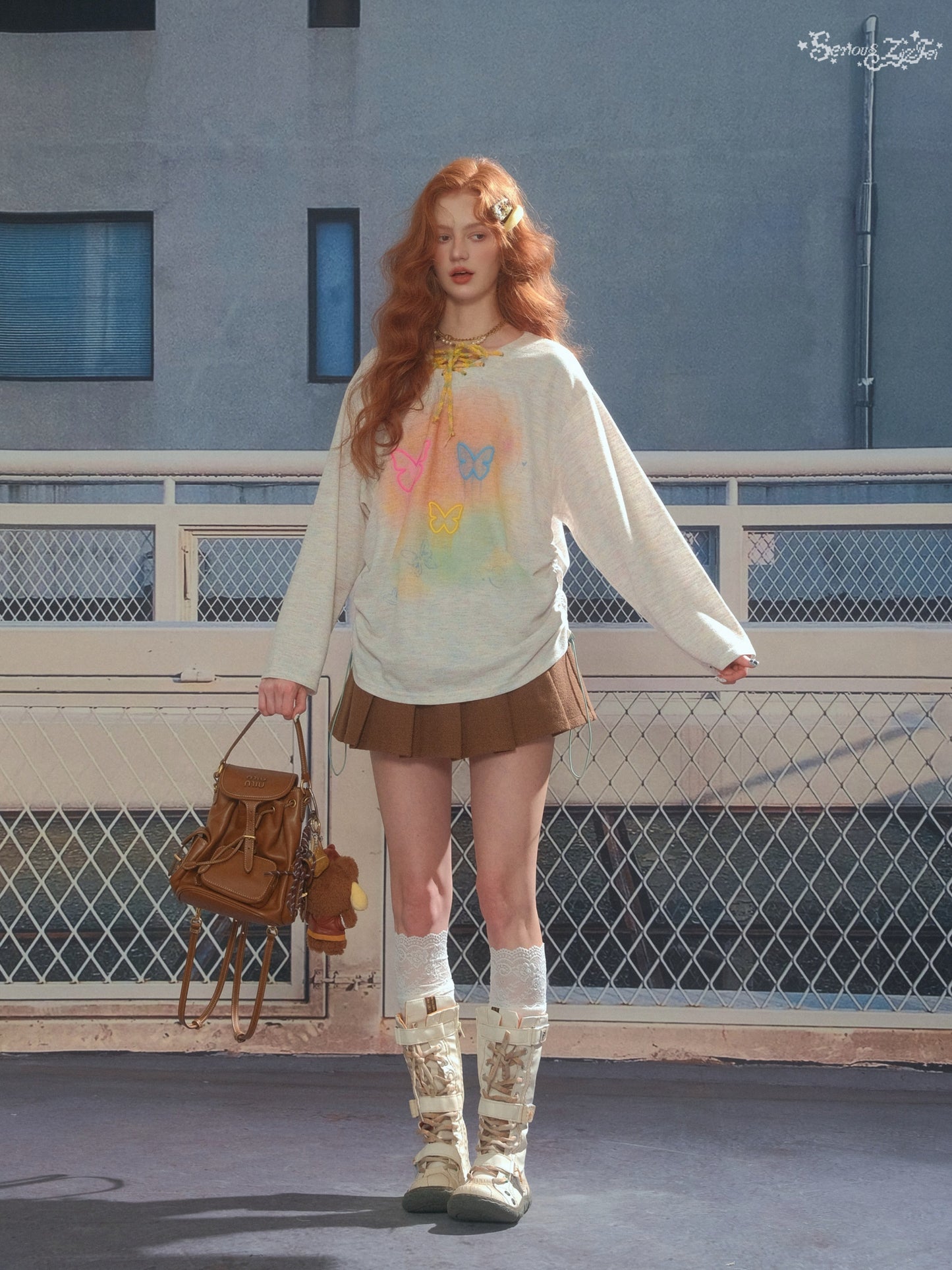 ZiziFei - Y2K Butterfly Knit Top – Rainbow Lace-Up Pullover with Heart Toggle