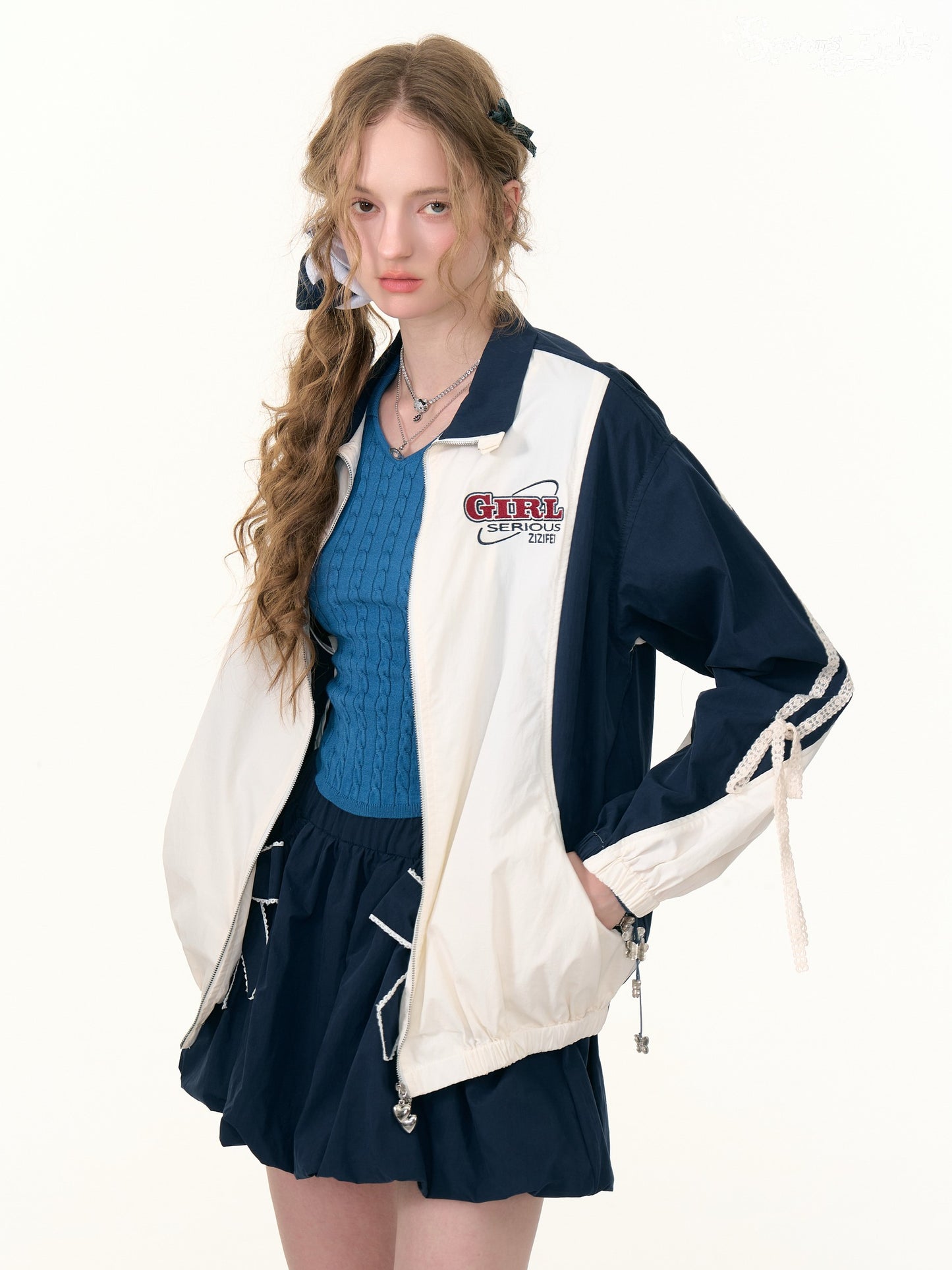 ZiziFei - Retro Zip-Up Jacket with Lace & Drawstring Details