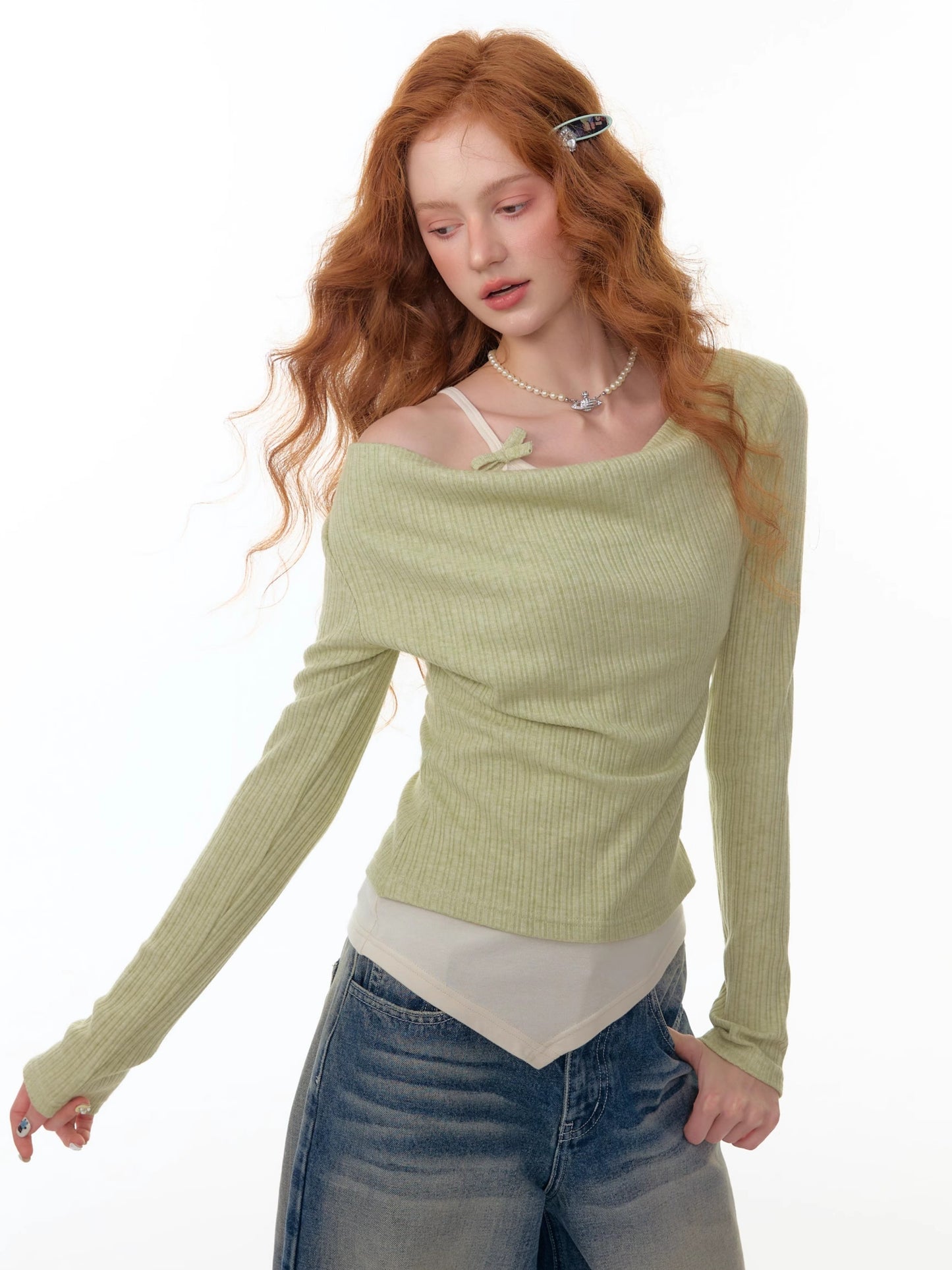 ZiziFei - Draped Mock Layered Long Sleeve Top – Soft Knit Two-Tone Design