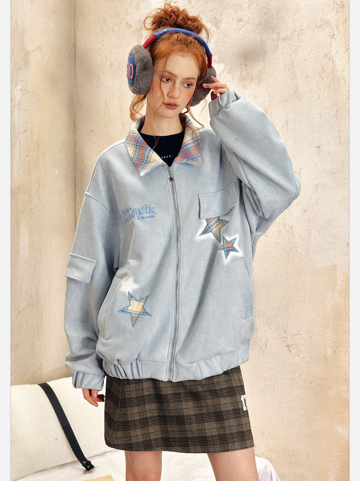 EZEK - Retro Star Embroidery Suede Zip-Up Jacket