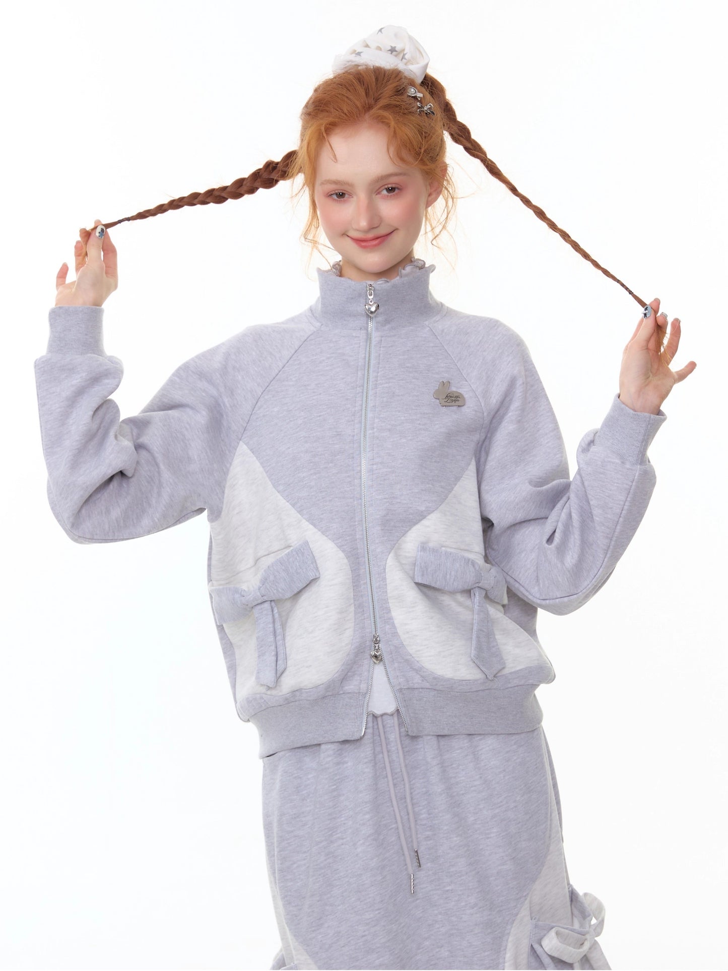 ZiziFei - Light Grey Zip-Up Bow Jacket – Soft Girl Athleisure
