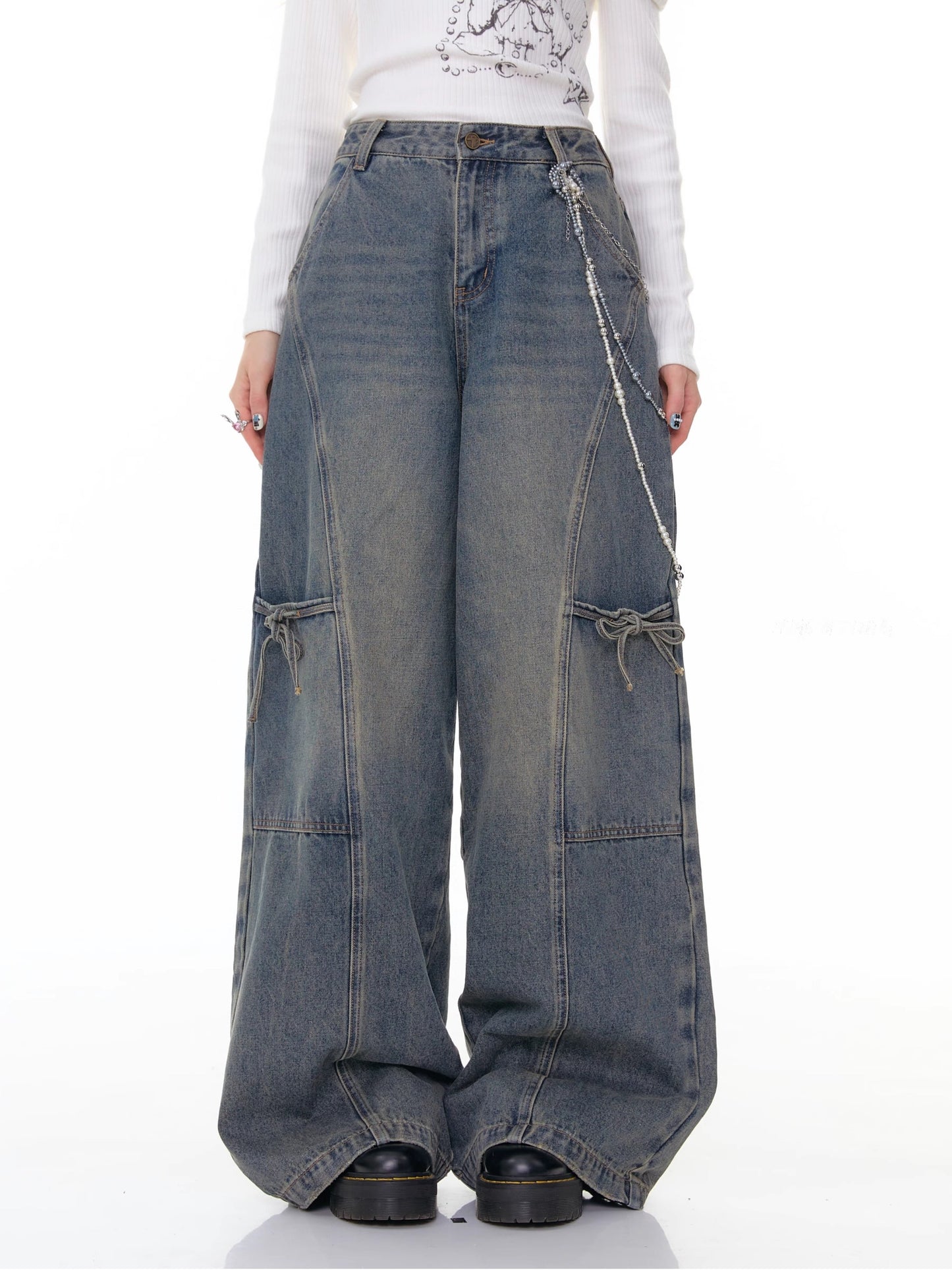 ZiziFei - Bow Detail Straight Leg Jeans – Relaxed Fit Panel Denim