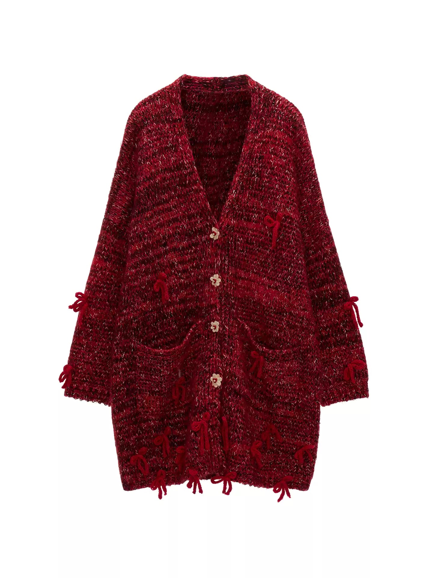 MAMC - Mid-Length Red Bow & Floral Knit Cardigan WE900