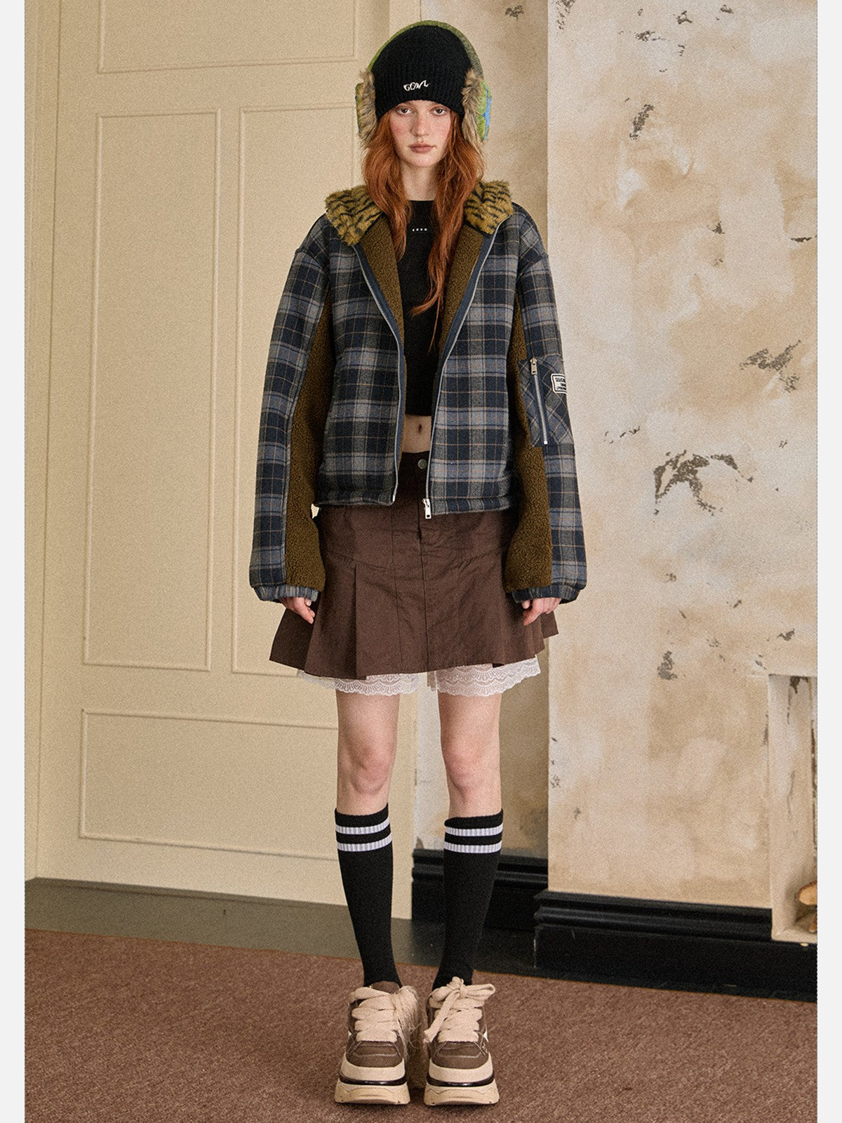EZEK - Plaid Puffer Jacket with Detachable Leopard Hood
