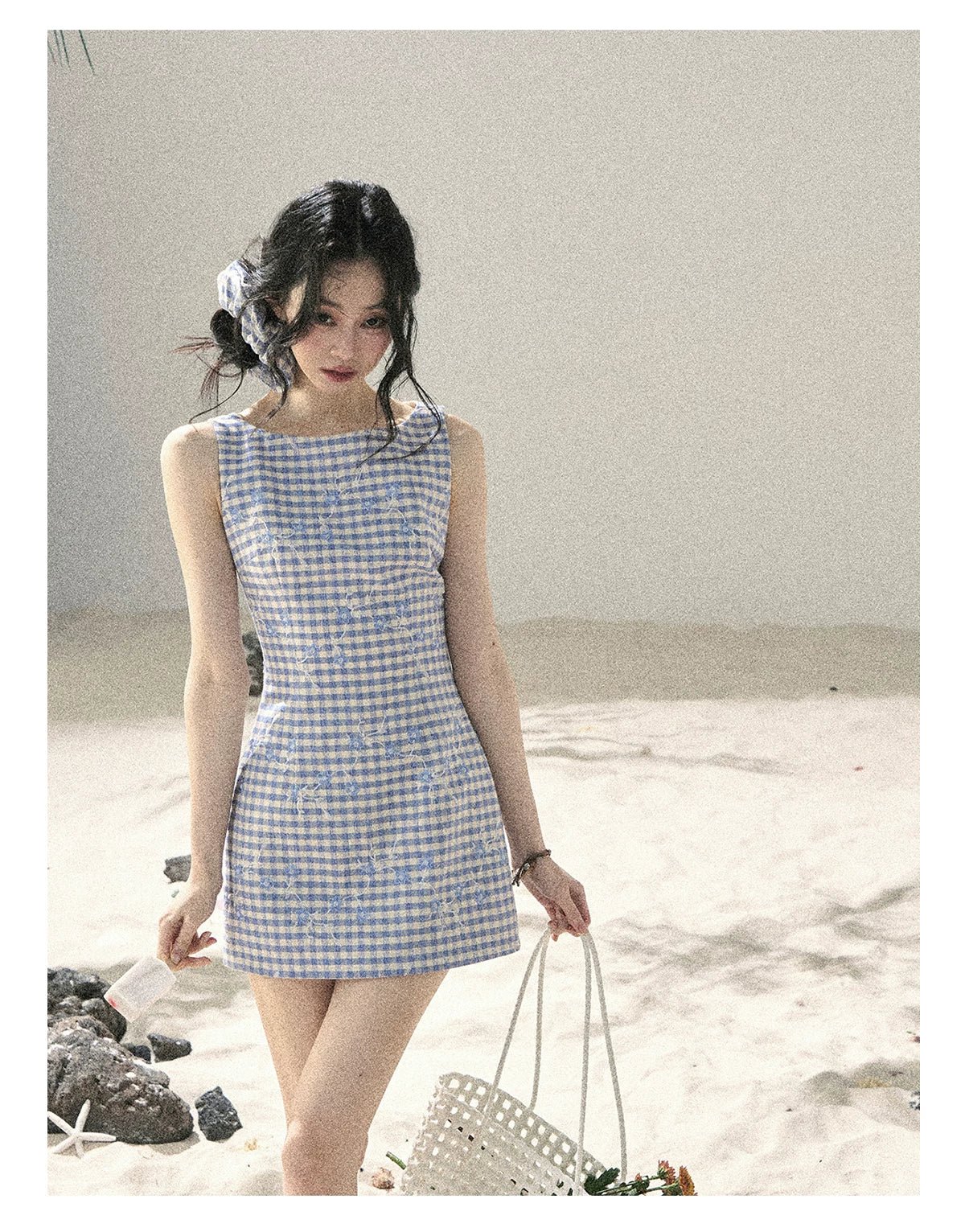 "Sea Breeze Reverie" Sky Blue Embroidered Plaid Mini Dress (With Matching Scrunchie)