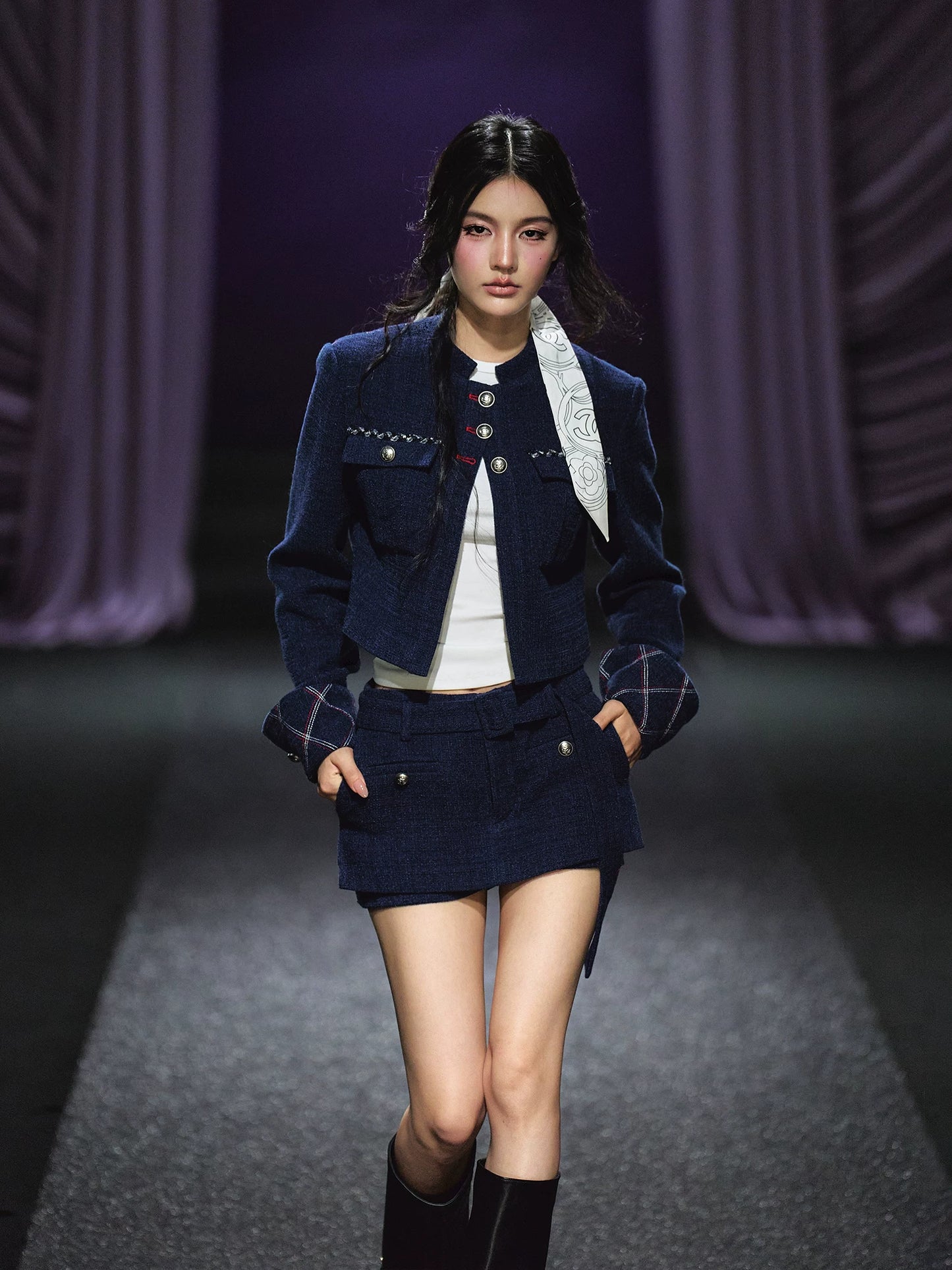 "Midnight Atelier" Navy Wool Quilted Jacket & A-Line Skort Set