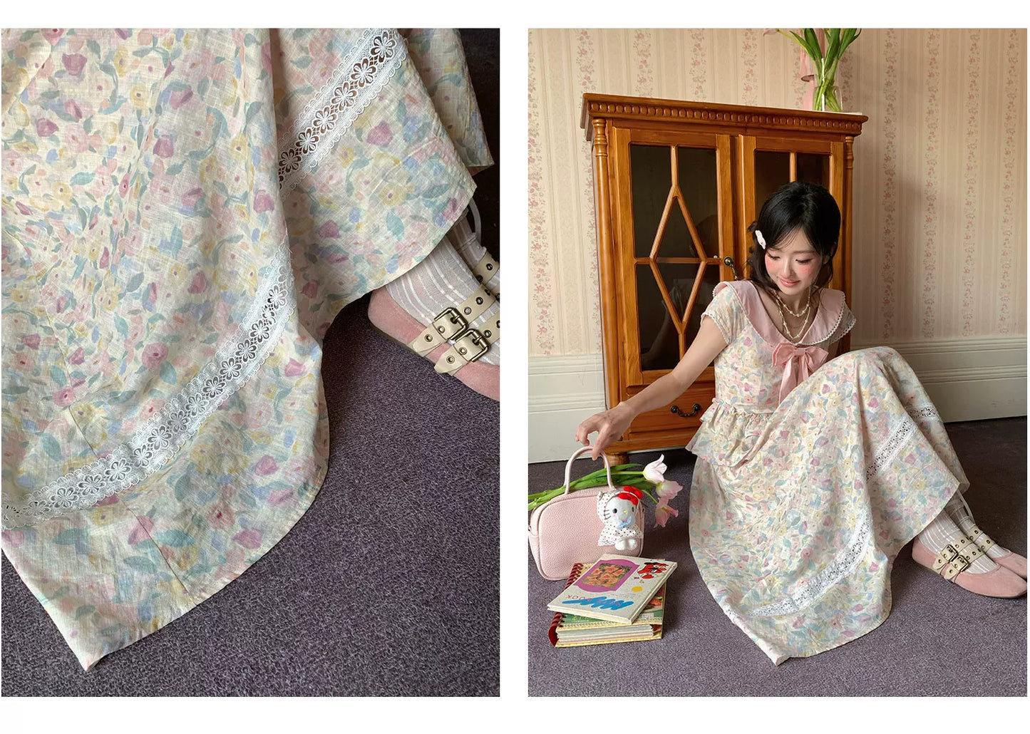 “Peach Blossom Ballad” Pink Floral Lace Maxi Dress