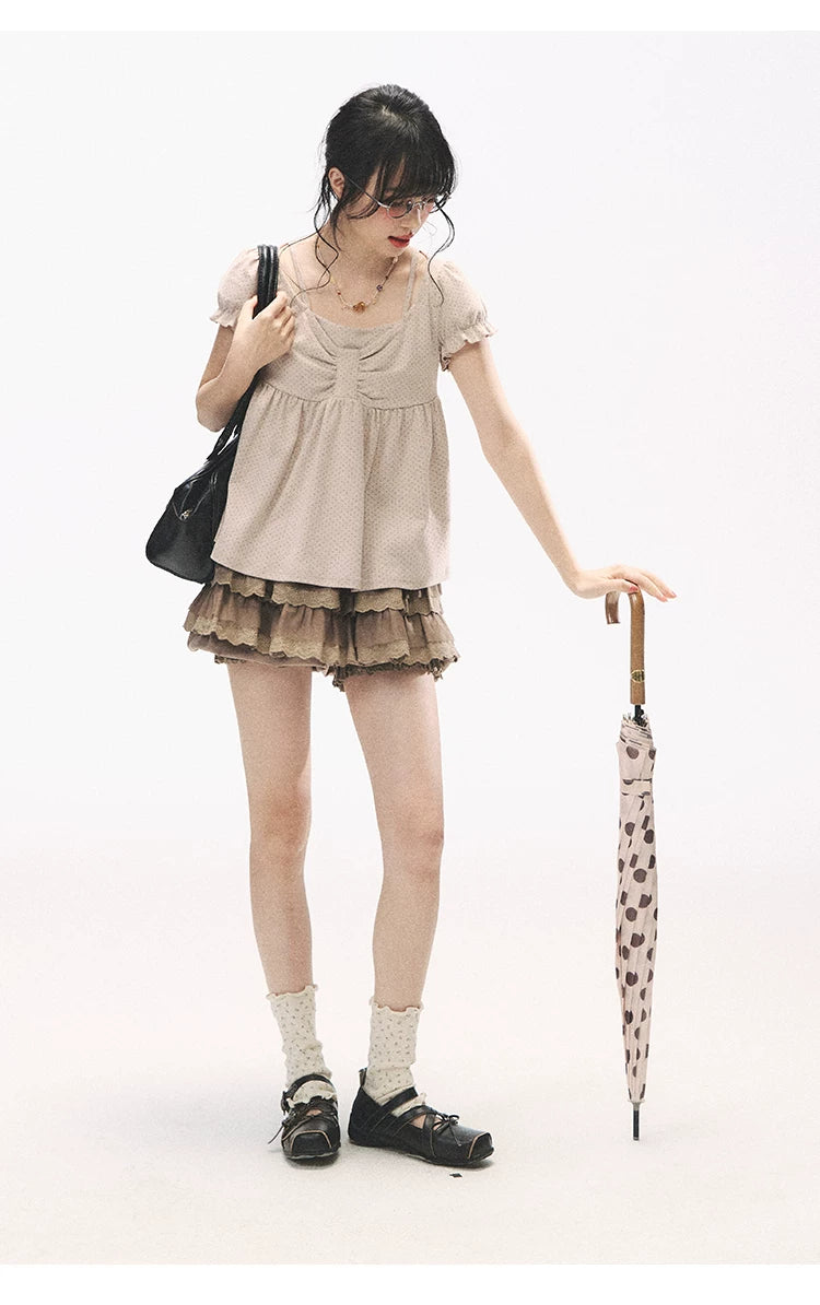 "Sweetheart Crew" Polka Dot Faux Two-Piece Bow Knit Short Sleeve Top