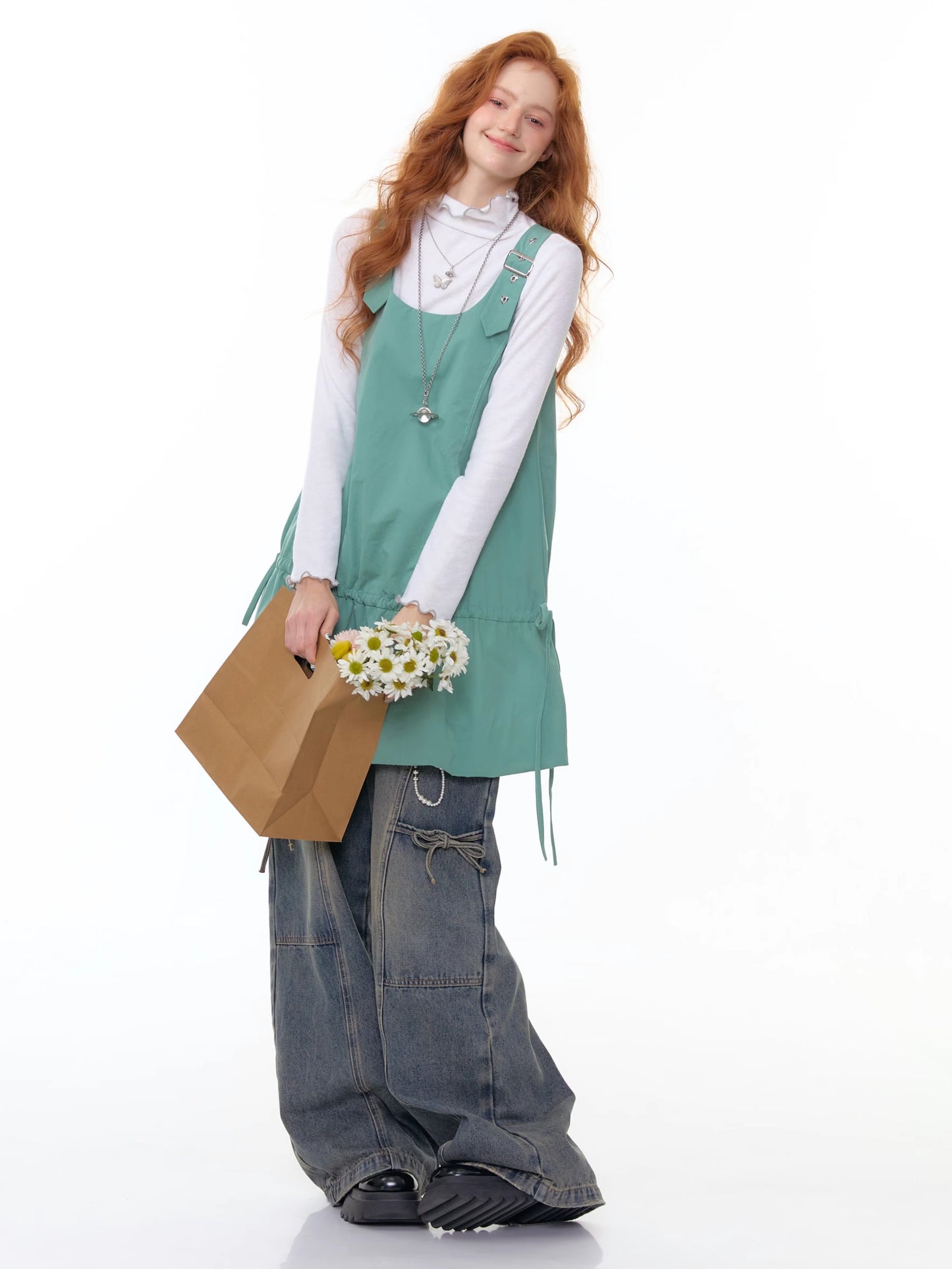 ZiziFei - White Sheer Ruffled Mock Neck Base Layer Top with Butterfly Accent