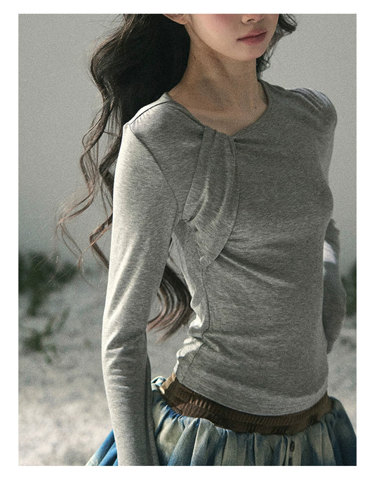 “Skin Mood” Cloud Mist Gray Ruched Asymmetrical Top