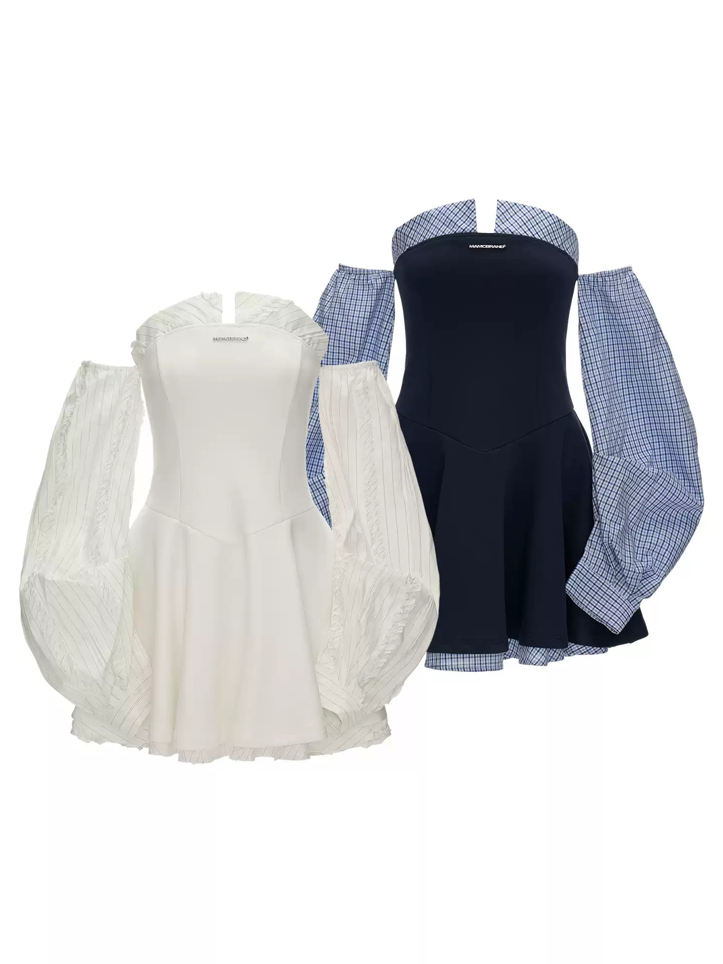 MAMC - Plaid Lantern Sleeve Corset Dress (Navy)