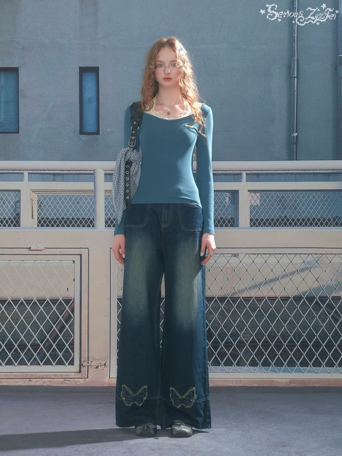 ZiziFei - Y2K Layered Long Sleeve Tee – Teal Fitted Top with Lace-Trim Camisole Detail