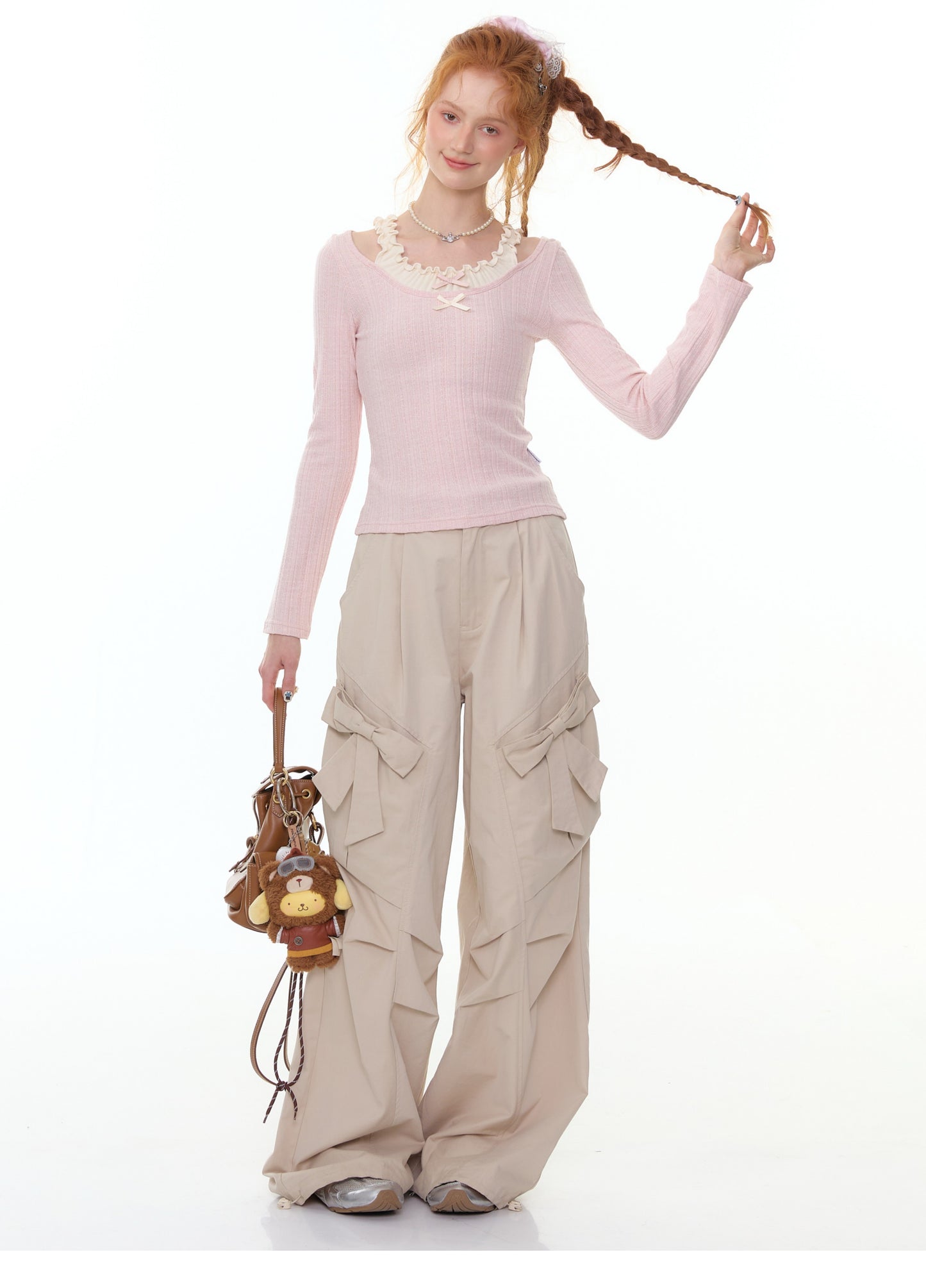 ZiziFei - Layered Bow Knit Top with Faux Two-Piece Ruffle Detail – Pink / Beige