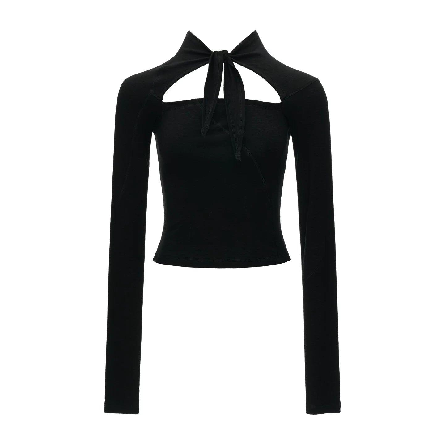 Lace-Up Cutout Waist-Sculpt Long Sleeve Top (Black/ White)