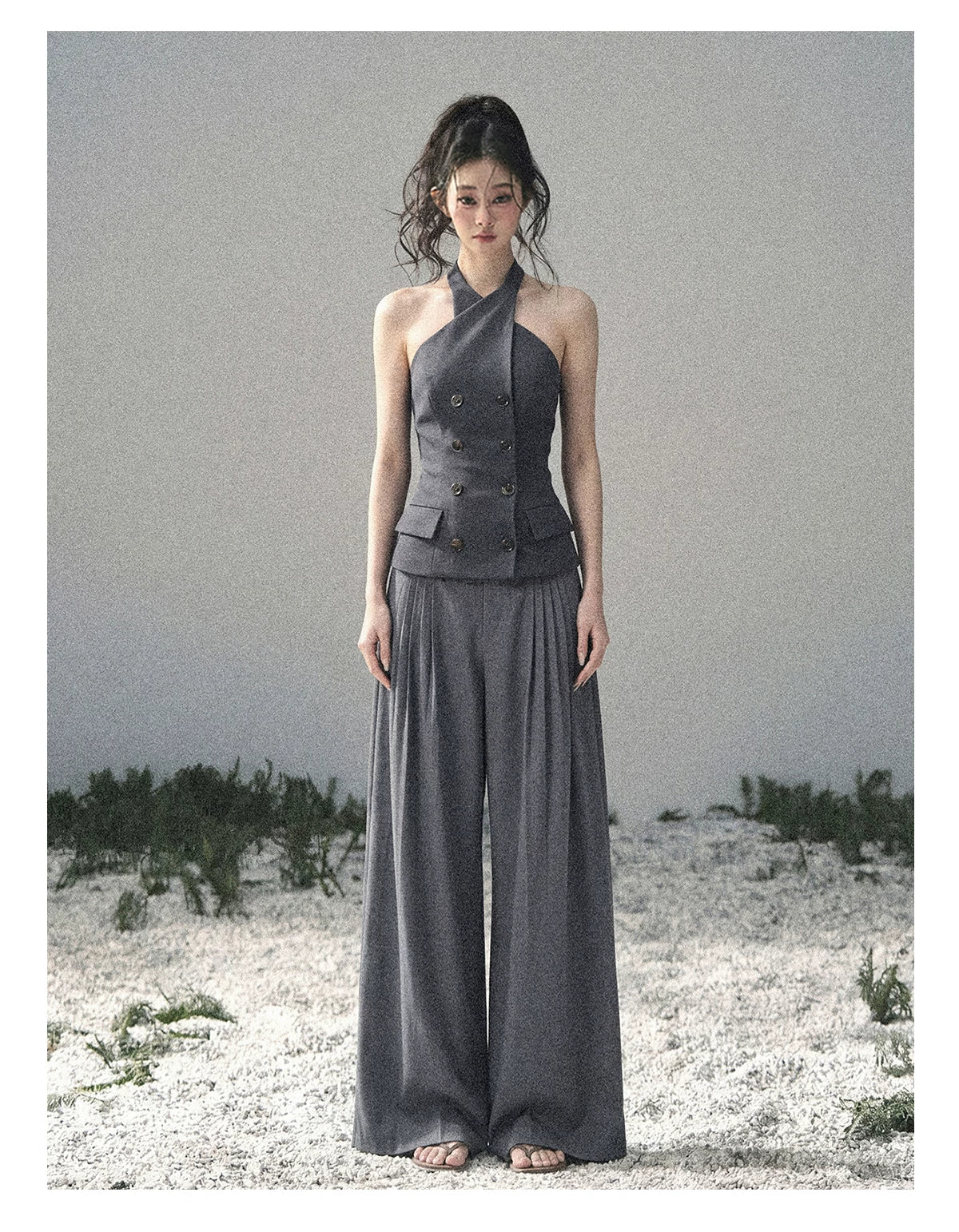 "The Unsent Letter" Deep Slate Gray Halter Tailored Top