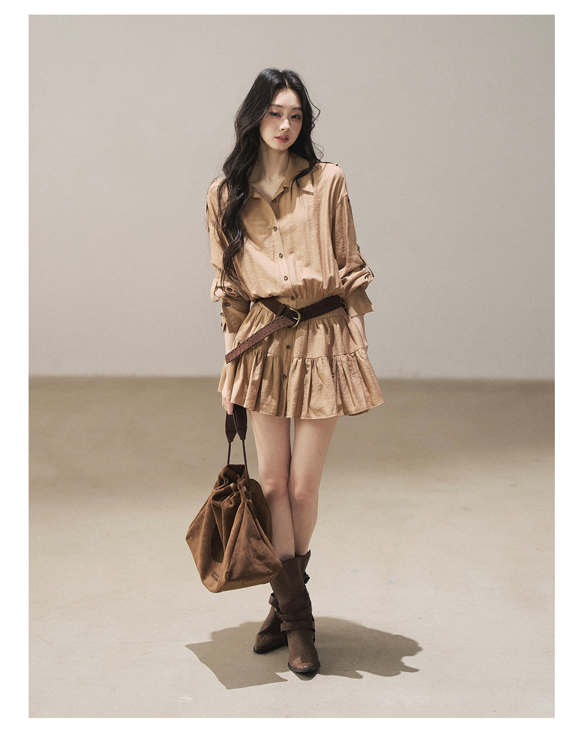 170726 "Through the Golden Wheat Fields" Chestnut Brown Utility Shirt Mini Dress with Belt & Shorts