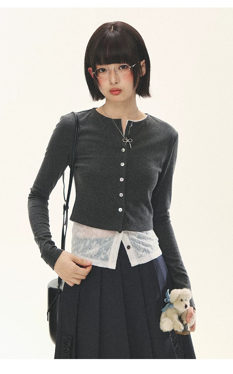 "Layered Blossom" Faux-Layer Knit Cardigan (Sakura Pink/ Heather Gray)
