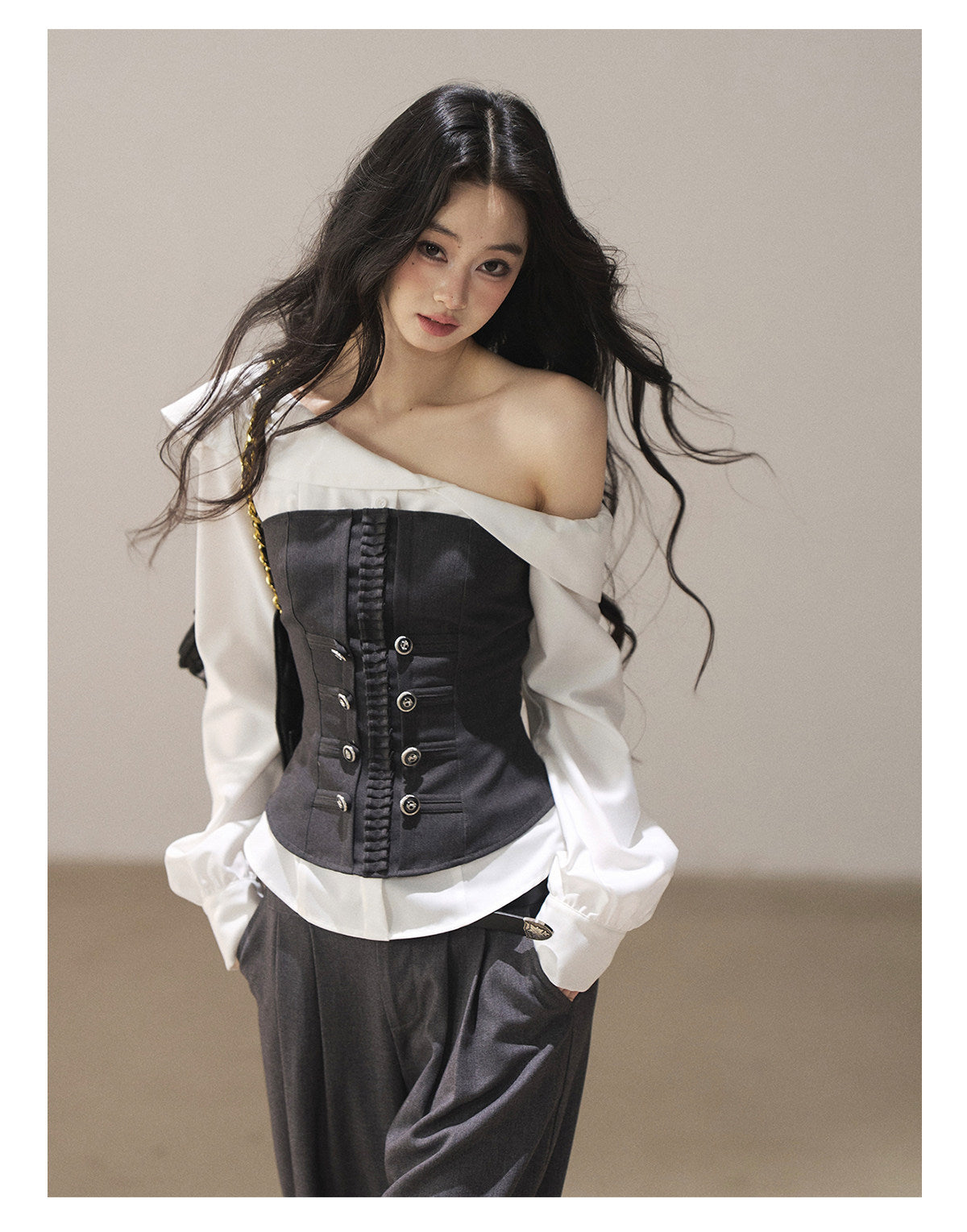 170726 "Where the Sea Breeze Finds Me" Deep Slate Bustier & Pure White Layered Shirt Set