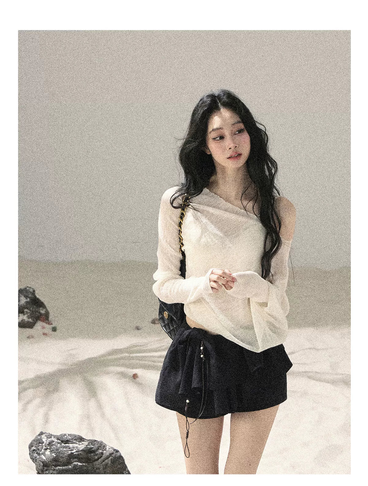"Misty Veil Whisper" Holland Cheese Off-Shoulder Sheer Sun Protection Top 5345634