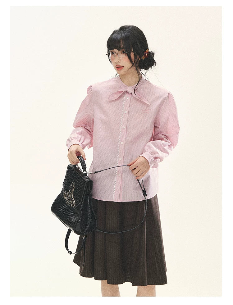 "Blush Poetry" Pink Stripe Cotton Bow Blouse