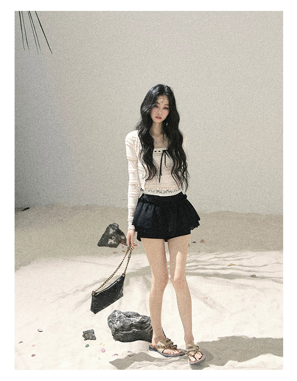 "Summer Shimmer Reverie" Creamy Oat White Lace Cutout Cardigan & Camisole Set 5864536513