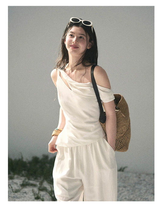 “Cloud Threads Falling at the Shoulder” Ivory Linen-Blend Two-Piece Set