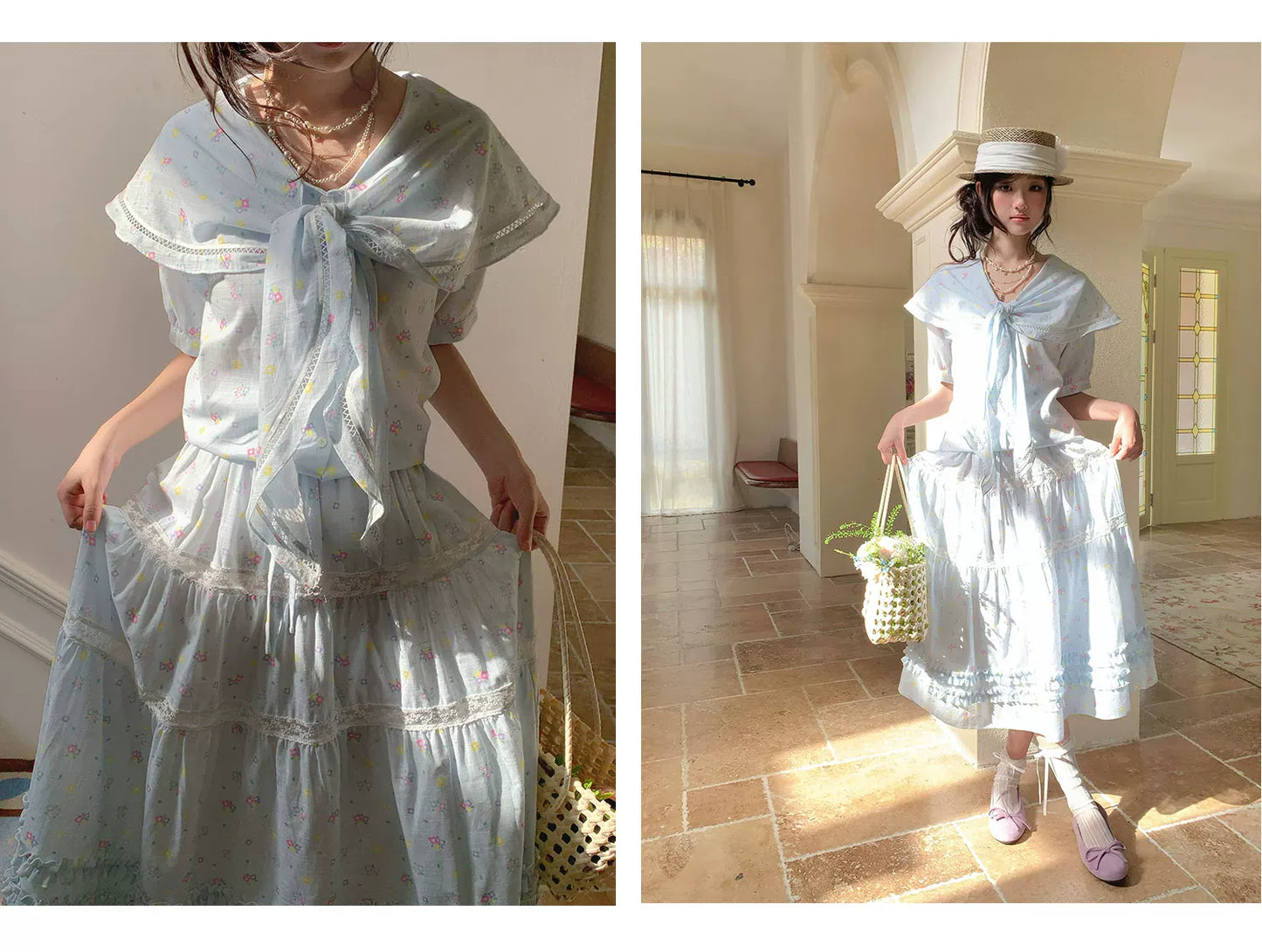 “Blue Blossom Chronicle” Ice Blue Floral Skirt Set